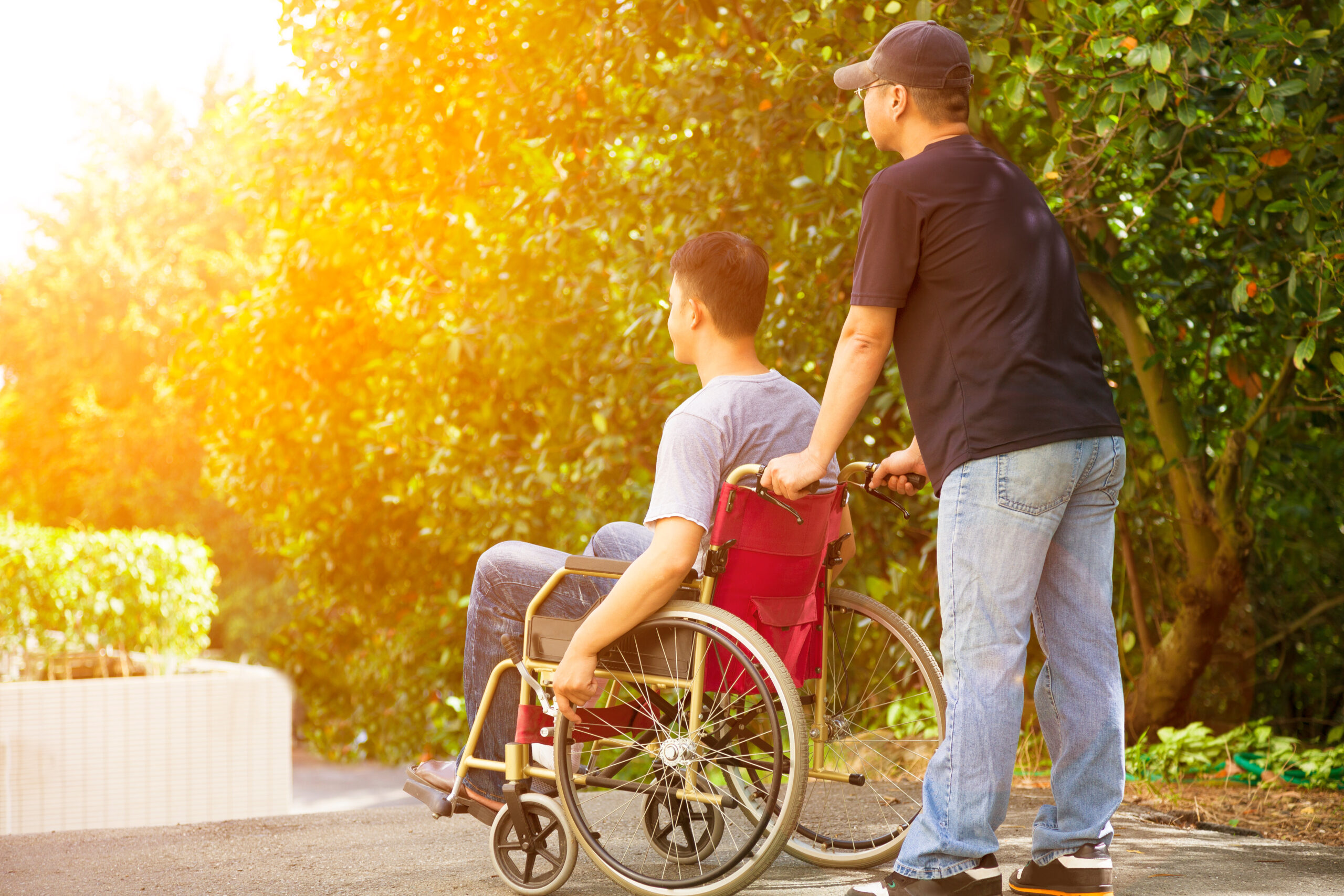 young man sitting on a wheelchair with his brother disabled evacuation