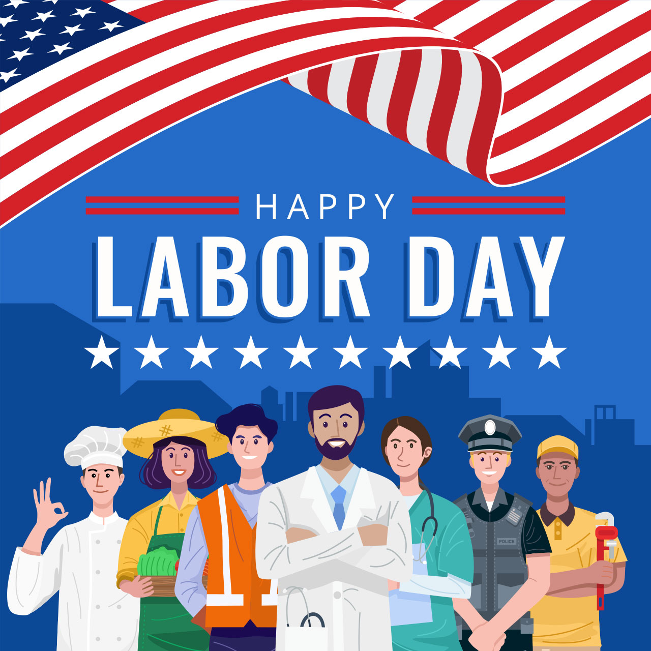 Graphic-Labor-Day-Square Labor Day: various occupations standing in front of the flag