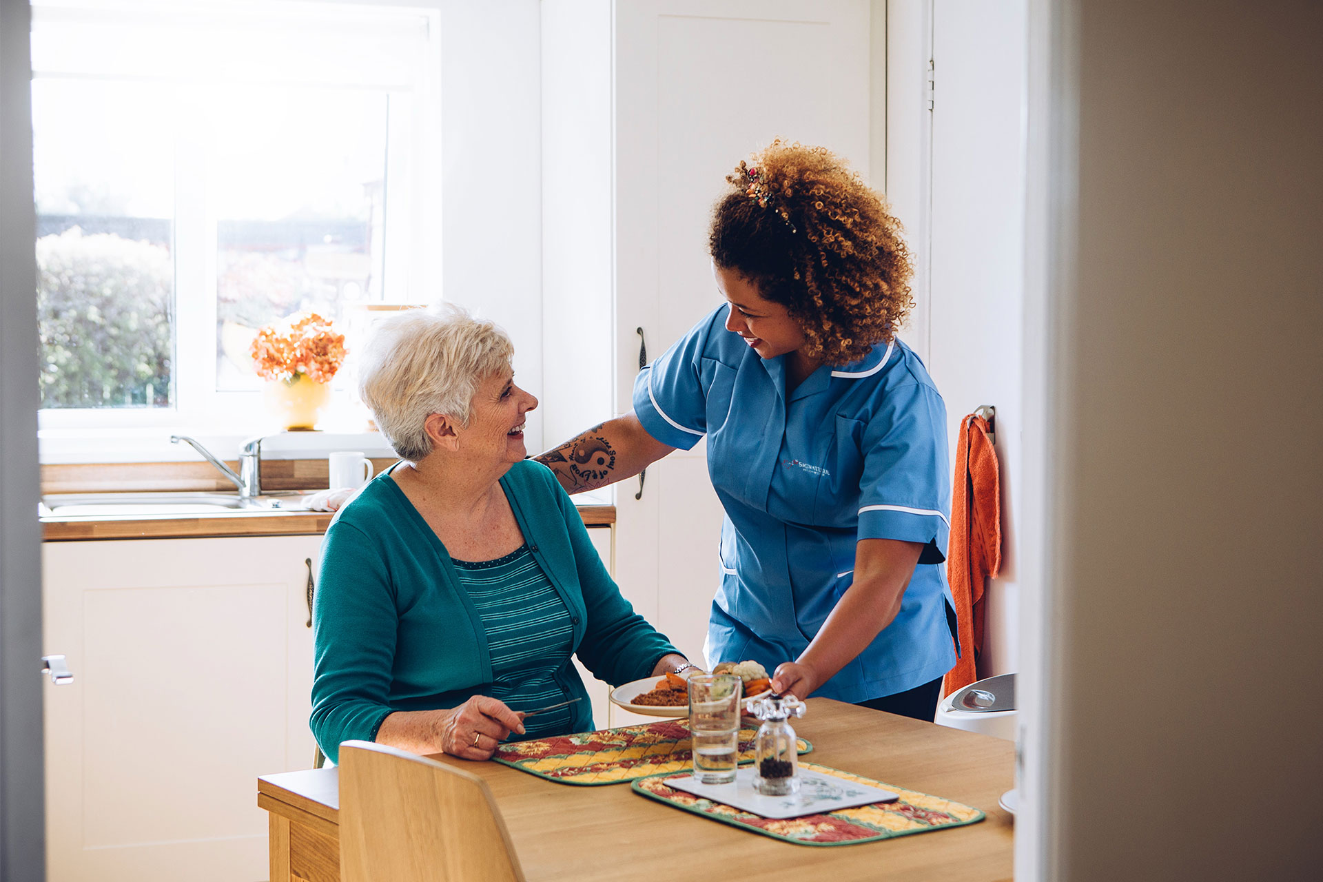 Hero-Healthy-Eating patient and skilled home nurse providing good digestive foods